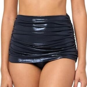 NWT Norma Kamali Ruched Bill Metallic True Navy Blue Skirt Bikini Bottoms‎ S